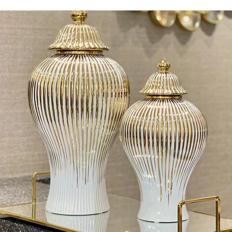 Gold Striped Ceramic Pot General Bottle Ginger Jar Hand-made Porcelain Artifact Vase Storage Home Decoration