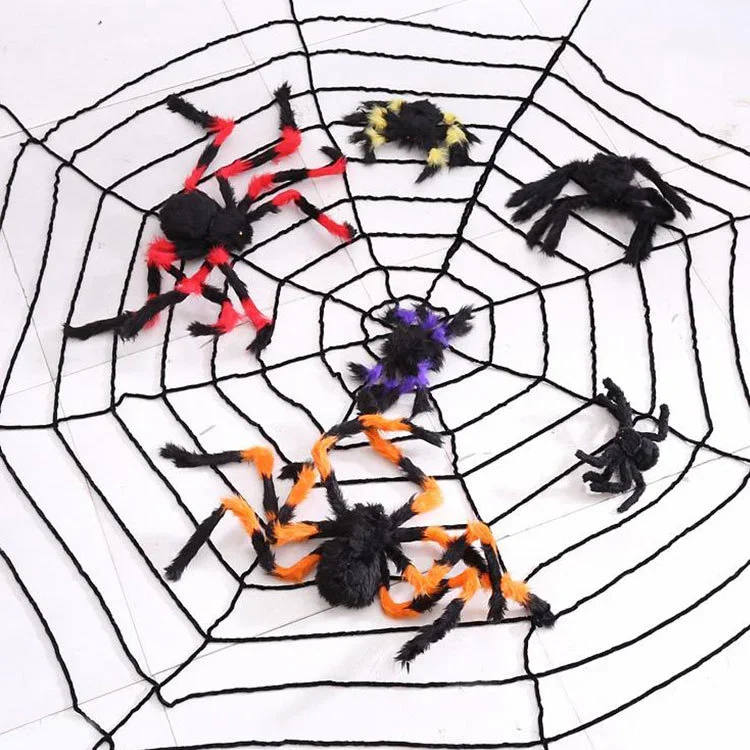 Riesiges rundes Spinnennetz und große haarige künstliche Spinne – gruselige Requisiten für Halloween-Dekorationen für Garten, Tür & Outdoor-Deko, Partygeschenke – Detail 4