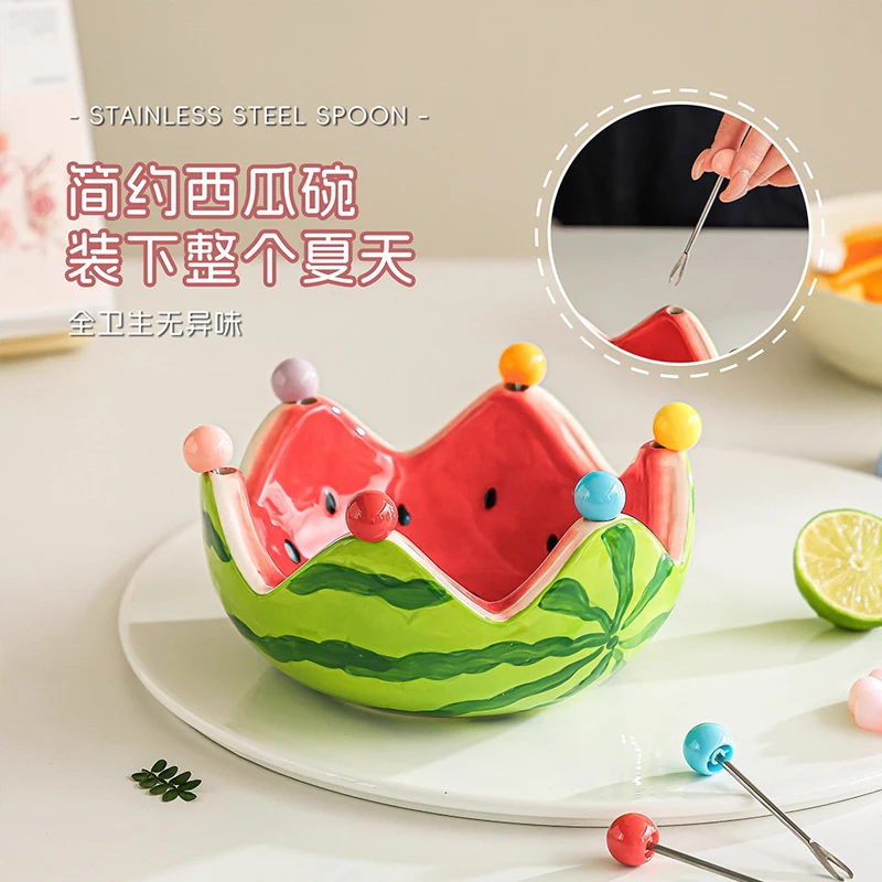 Picture 4: Ceramic Tableware Watermelon-shaped Bowl Fruit Fork Dish Creative Cute Stainless Steel Small Fork Home Living Room Fruit Bowl