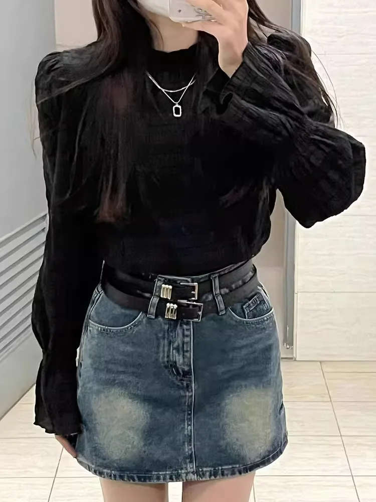 تنورة عالية الخصر على شكل حرف a للسيدات من قماش الدنيم تنانير مثيرة للتنابق الكورية Sle للتنقل بقصة ضيقة منتظمة ورقيقة لصيف 2025