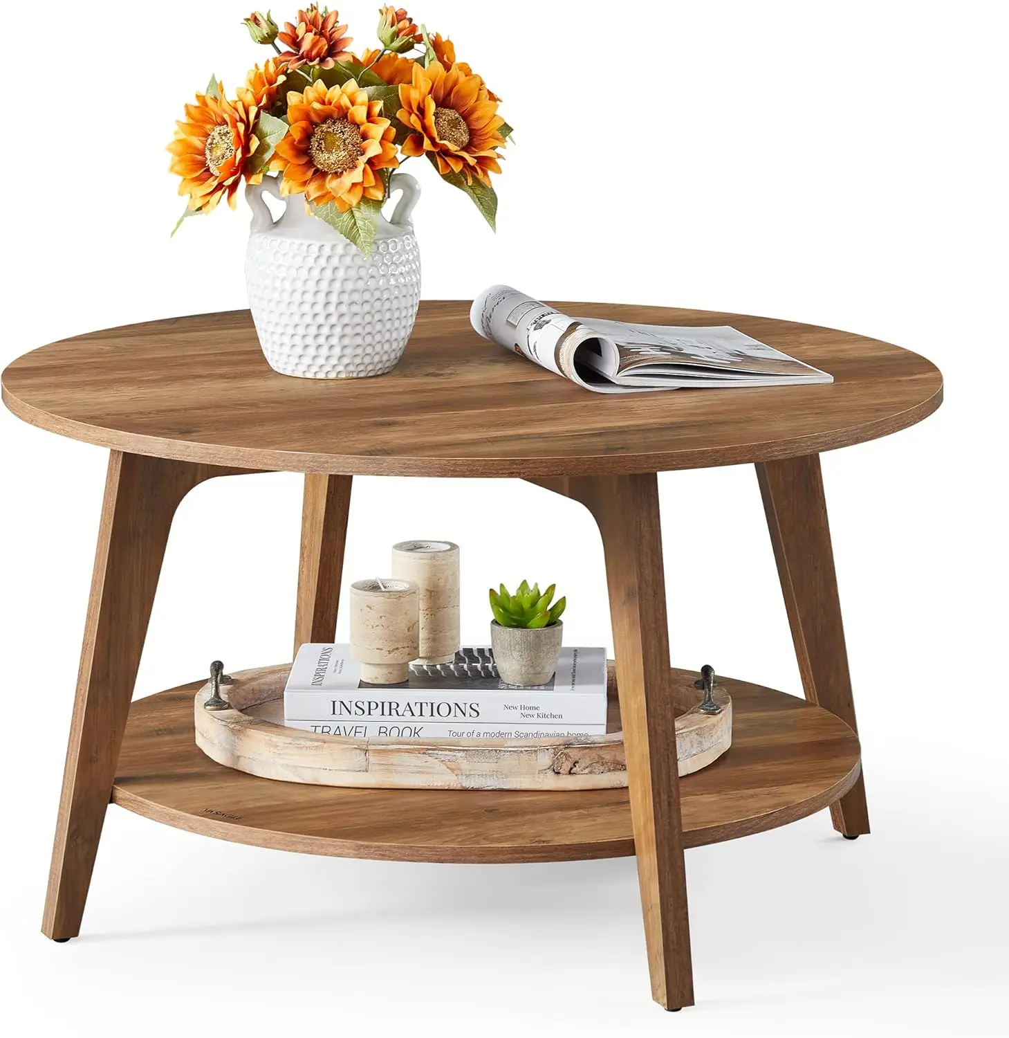 

Round Coffee Table with Storage, 2-Tier Design, Tapered Legs, Easy Assembly for Living Room in Honey Brown