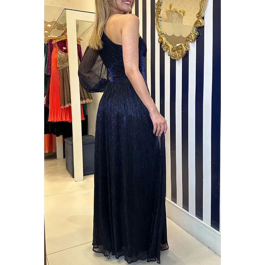 女性秋冬新パーティー非対称スリットドレスルーズカジュアル女性のドレス 1 長袖ハイウエストイブニングパーティー