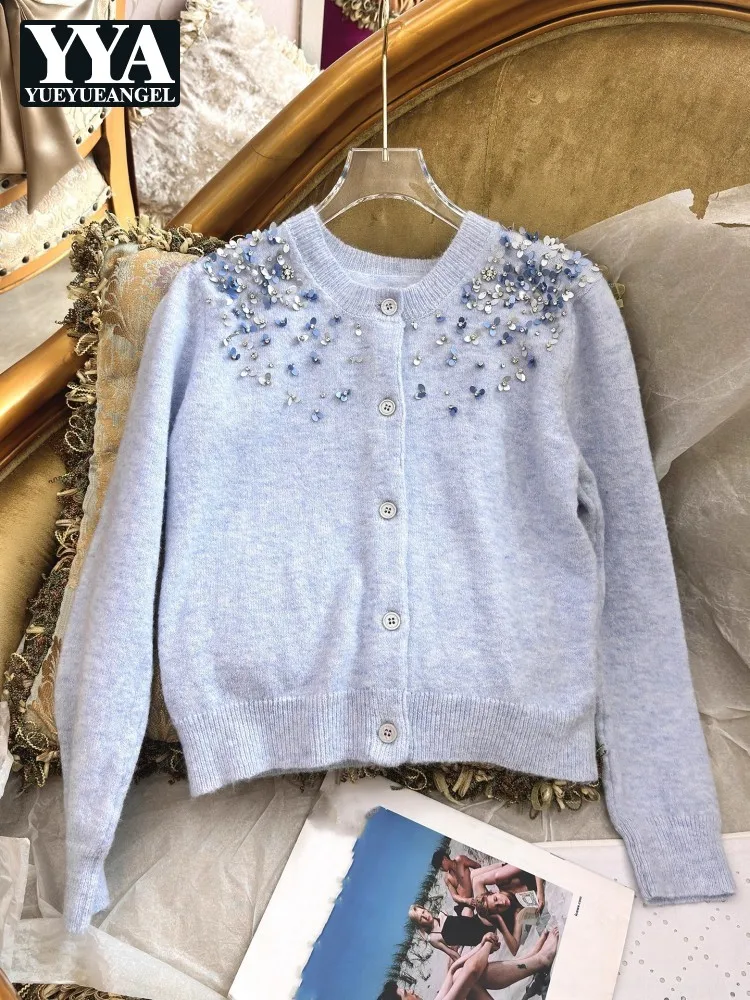 

Модный женский милый вязаный кардиган, топы с длинным рукавом и блестками, однобортный повседневный свитер с круглым вырезом, весна-осень, новый трикотаж