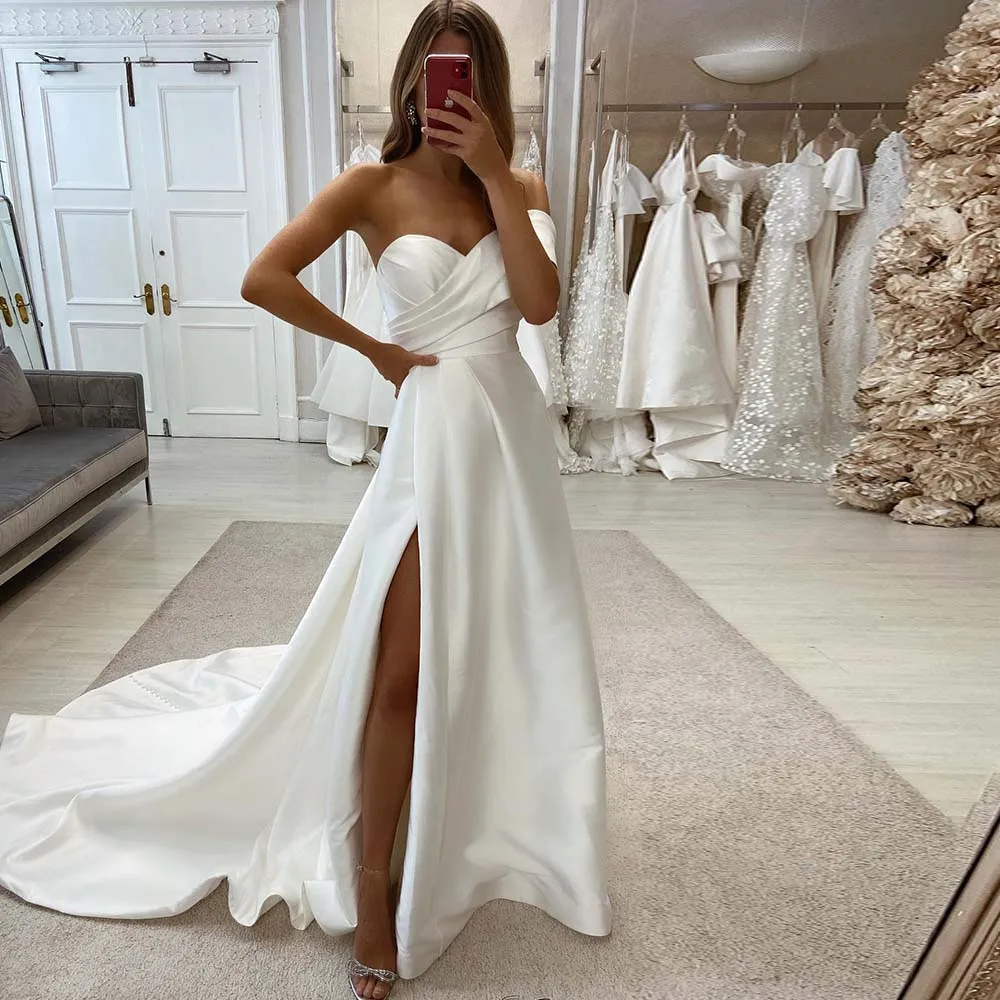 Satin Wedding Dresses For Women 2025 One-Shoulder Simple Long Wedding Gowns Split Ivory Elegant Bride Dress vestidos de novia