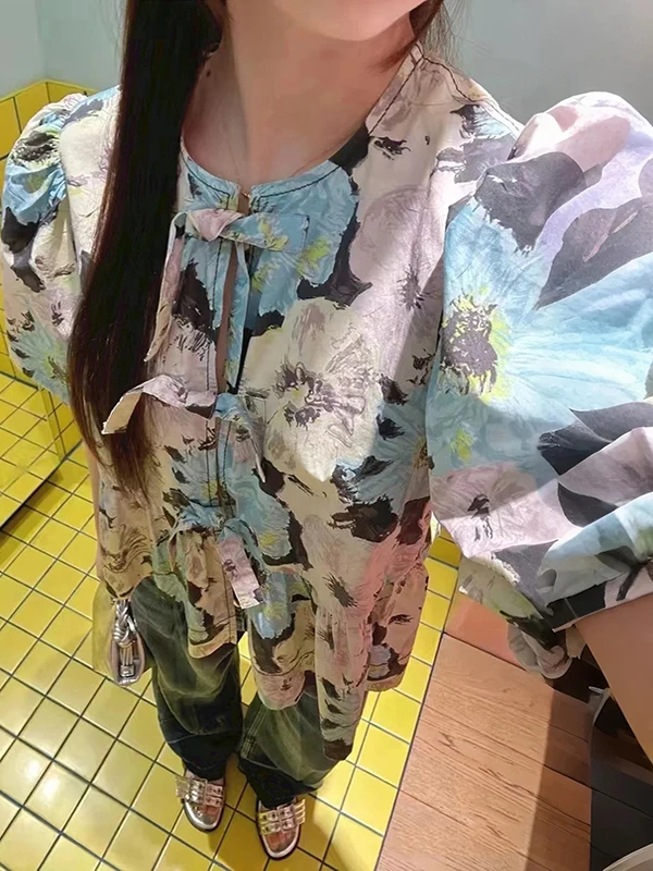 

Женская свободная блузка из чистого хлопка с круглым вырезом и рукавами-фонариками, в скандинавском стиле, с узором «Цветок лотоса», для ранней осени, для повседневной носки