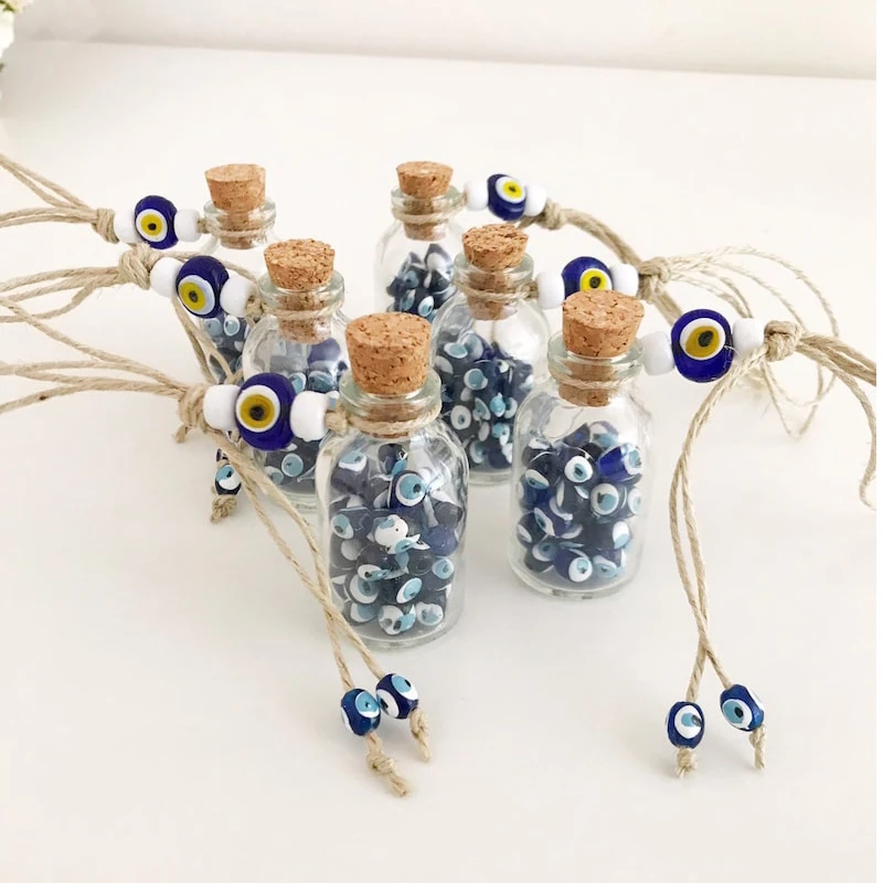 

Wedding Favors For Guests Mini Bottle Wedding Favors Evil Eye Beads Greek Cork Bottle Favors Rustic Macrame Wall Decor Gift