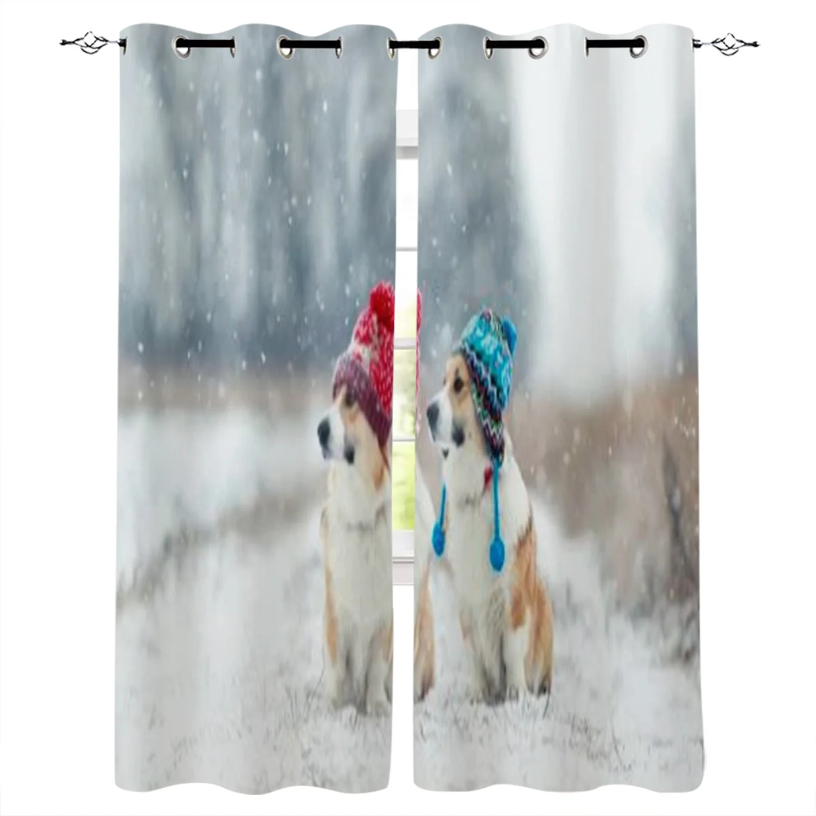 

Cute Puppy Wear Hat Winter Snow Window Treatment Curtain for Living Room Hotel Fashion Home Decor Printed Bedroom Valance Drapes