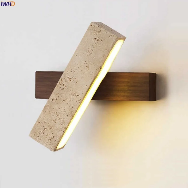 

IWHD Nordic Modern LED Wall Lamp Living Room Bedroom Rotatable Angle Wood Yellow Travertine Bathroom Mirror Light Aplique Pared