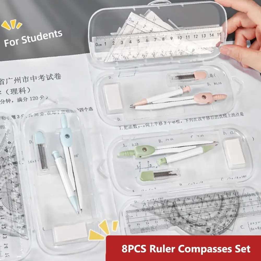 8PCS/Set Plastic Ruler Compasses Set Eraser Straight Ruler Protractor Set Square Transparent Drawing Tool School Office