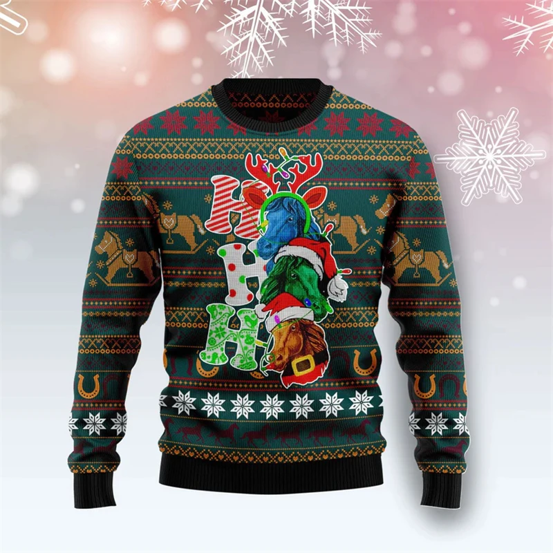 

Fashion Horse Pattern Ugly Christmas Sweater Trendy Vintage Short Sleeve 3D Printed Sweatshirts Loose Breathable Mens Clothing