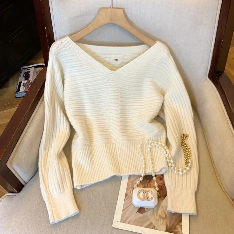 여성 오렌지 브이넥 풀오버 모헤어 스웨터 빈티지 한국 스타일 점퍼 니트 긴 소매 캐시미어 스웨터 2000년대 의류 봄