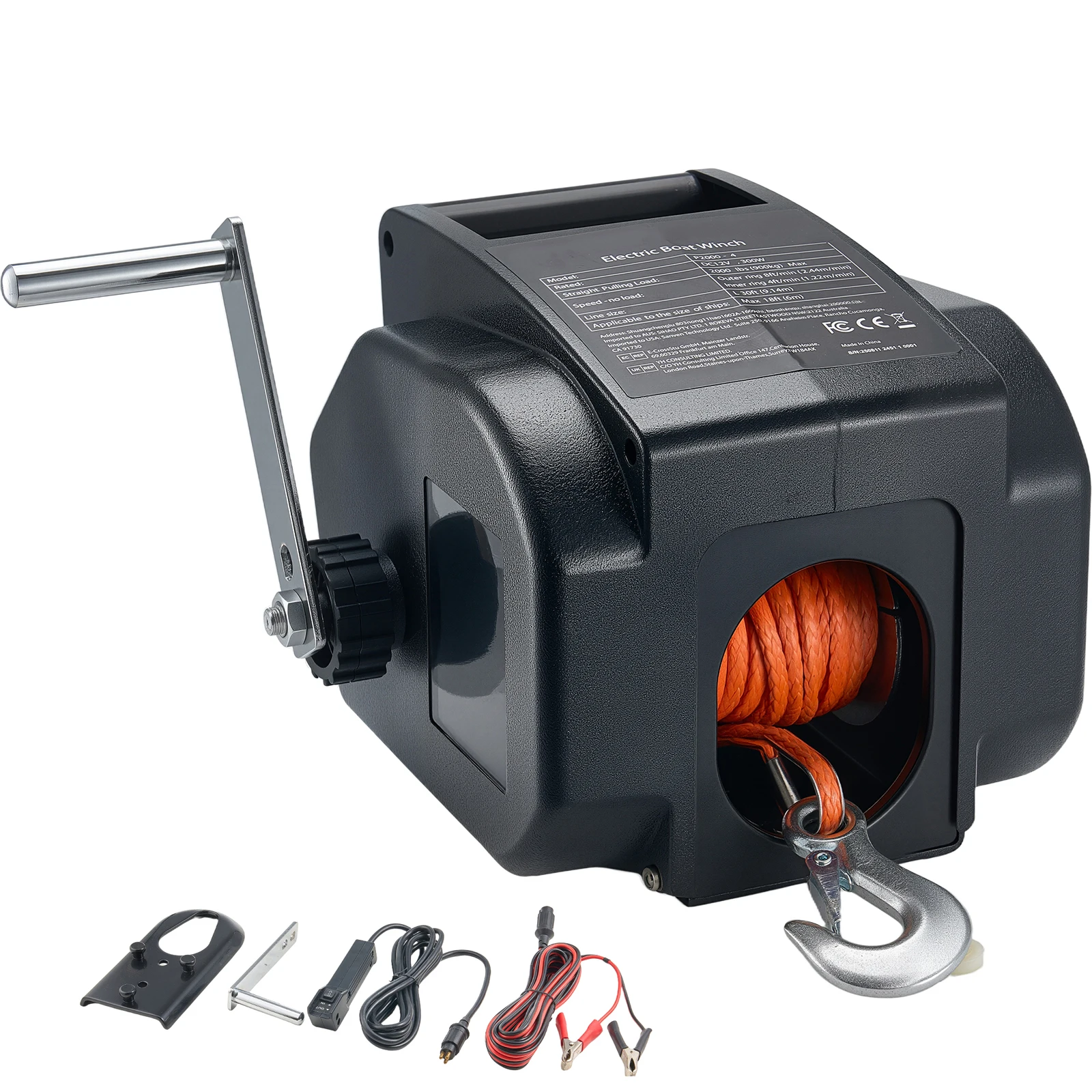 Treuil électrique pour bateau SucceBuy 2000 lbs, 300W, réversible, avec télécommande filaire et manivelle pour bateaux