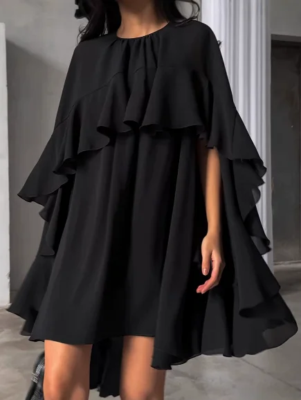 Women's Dress 2026 Spring Summer New Solid Color Round Neck Ruffles Design Loose Fit Casual Daily Mini Dress