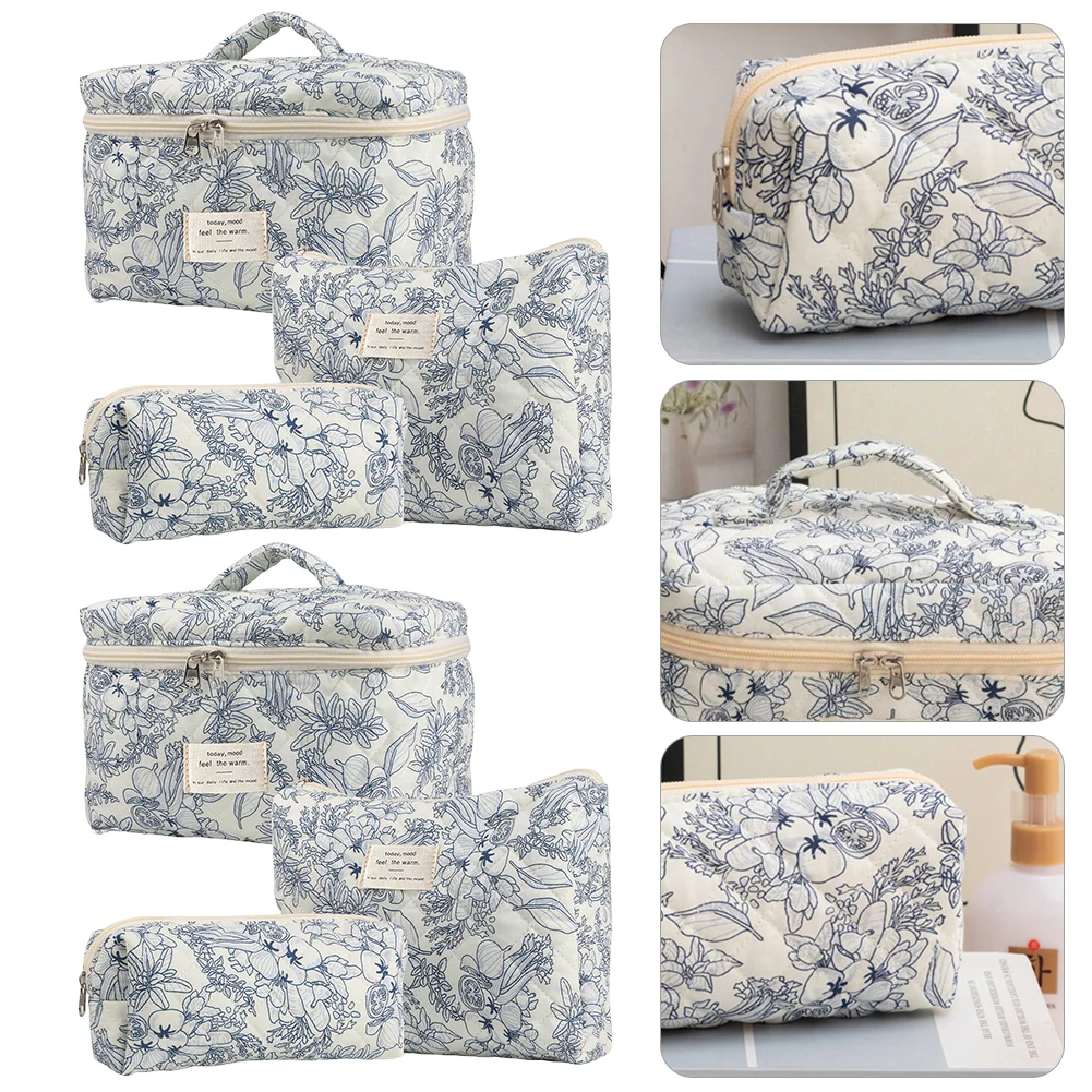 

3 шт., косметичка с цветочным принтом, хлопковая стеганая сумка-органайзер для макияжа, большая вместительная сумка для ухода за кожей на молнии для женщин и девочек