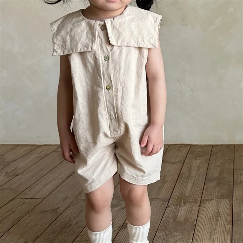 2024 Summer New Baby Sleeveless Short Jumpsuits Solid Toddler Boy Girl Fashion Casual Overalls Cotton Large Lapel Kids Clothes