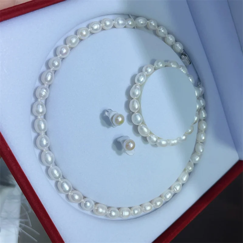

8-9mm 925 Sterling Silver Natural Freshwater Rice Pearl Fine Jewelry for Women Elegant Earrings and Necklace and Bracelet Set