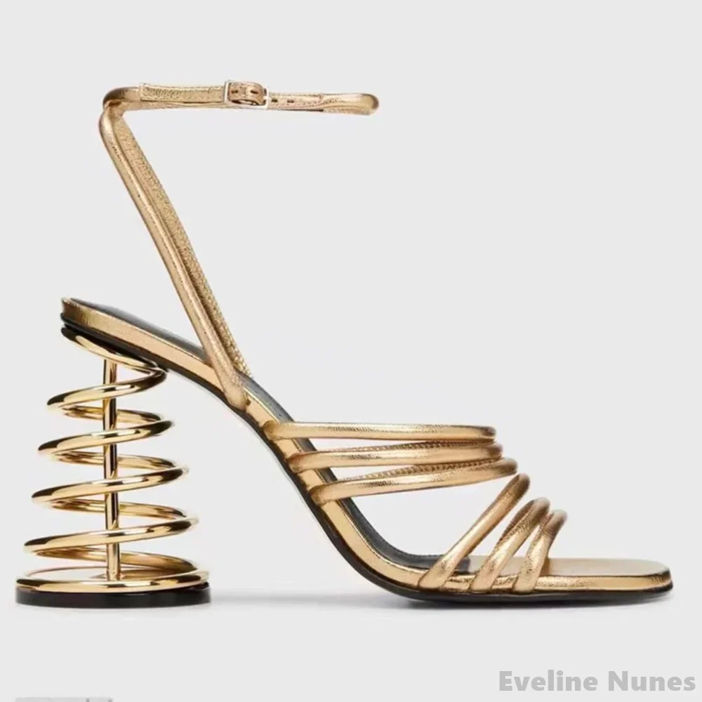 Silver Spring Heel Strange Style Sandals Women Hollow One Word Belt Thin Strap High Heel 2025 Fashion Catwalk Large Size Sandals