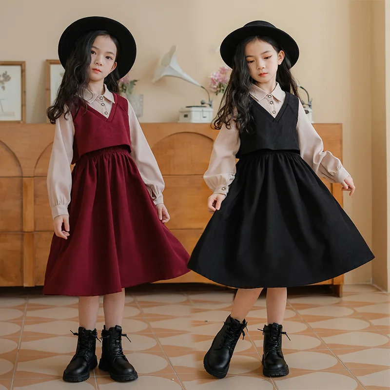 5-16Y Teenage Girls' Flip Collar Fashion Fake Two Piece Dress Autumn Children Red/black Corduroy Princess Dress New Kids Clothes