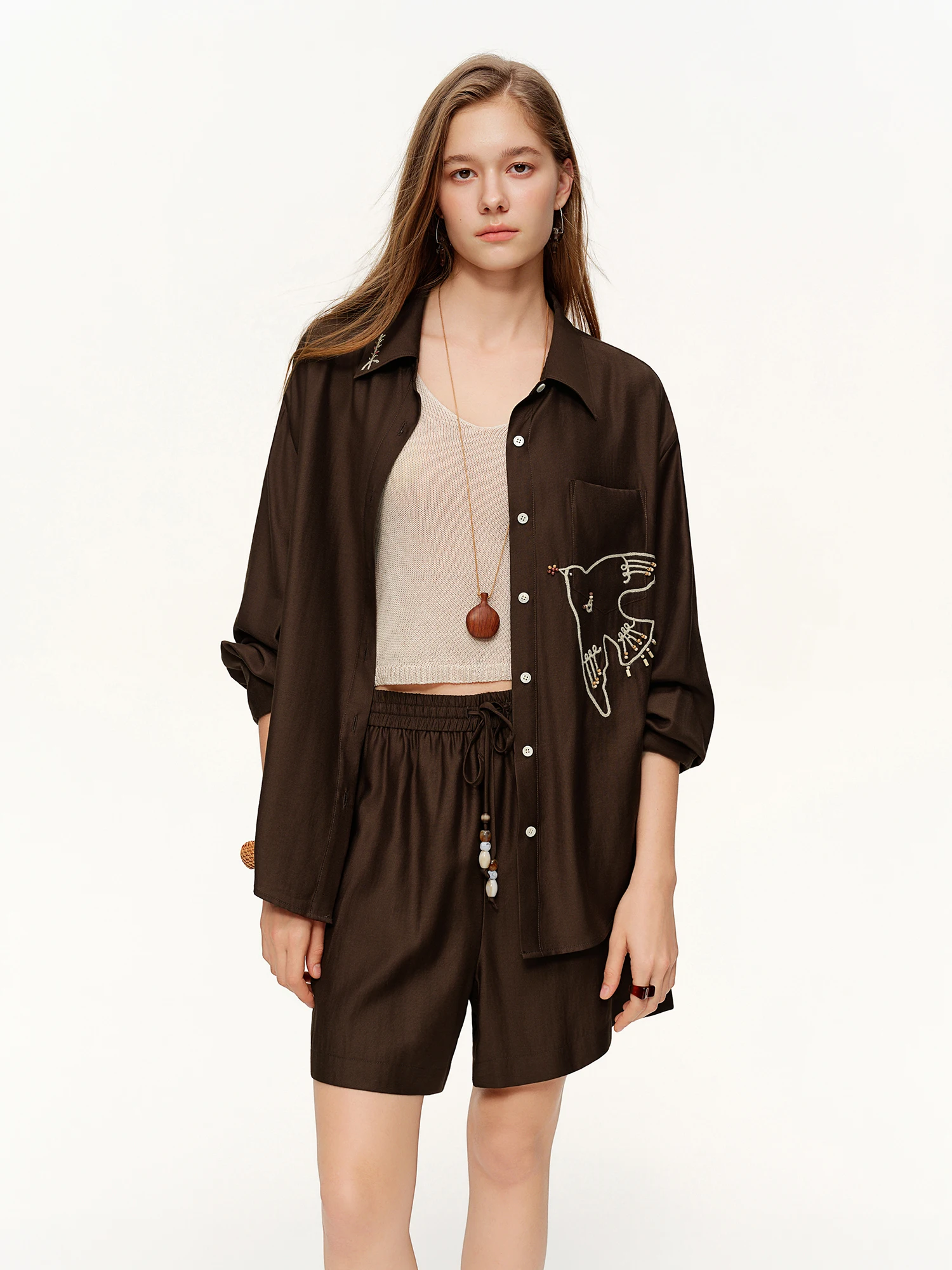 DUSHU Spring Bird Embroidery Stylish Outfit Set Long Sleeve Casual Shirt & Beaded Shorts Chic Elegant Spring Mix Match 2026 New