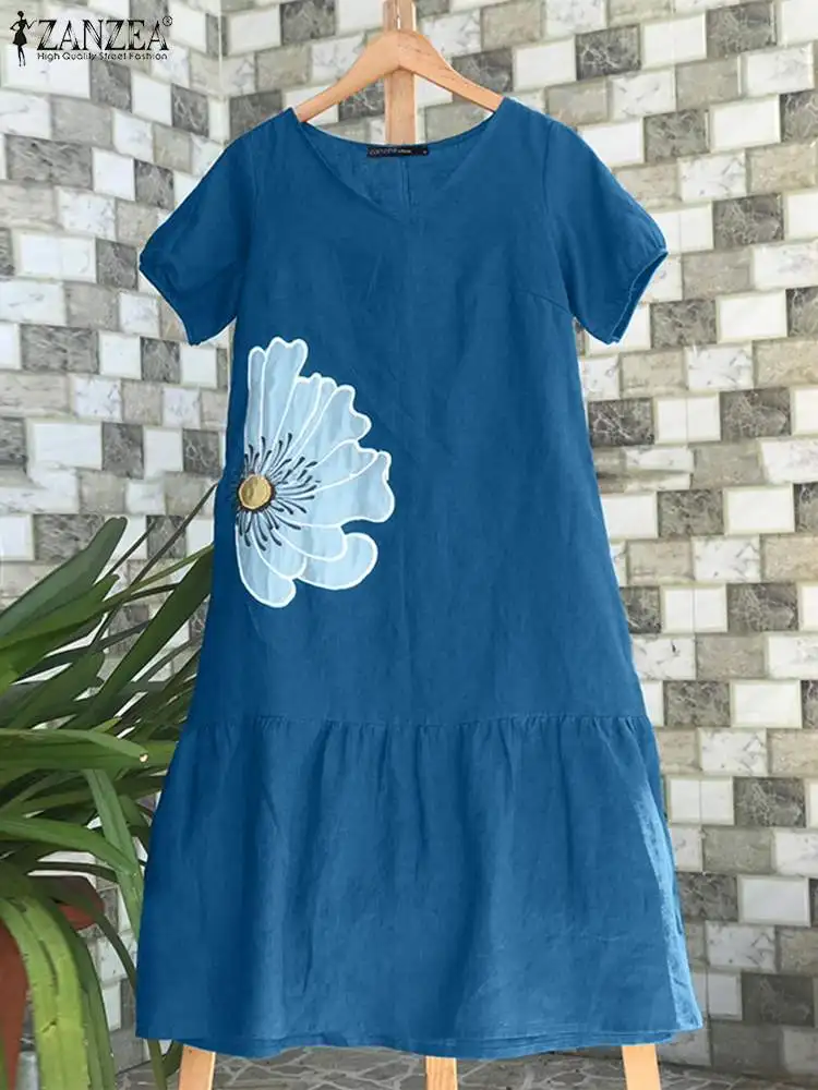 ZANZEA abiti Midi Casual con stampa floreale da donna 2024 estate per il tempo libero manica corta a sbuffo orlo arruffato Vestidos Holiday Sundress