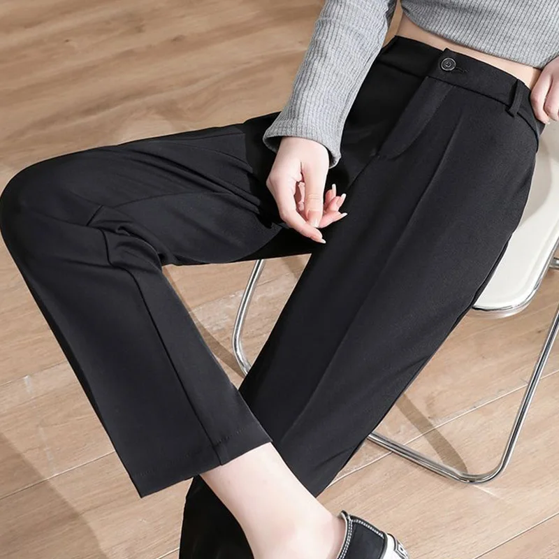 Spring Summer Office Lady Rice Apricot/black Nine Points Straight Trousers Womens All-match Button Patchwork Pockets Suit Pants