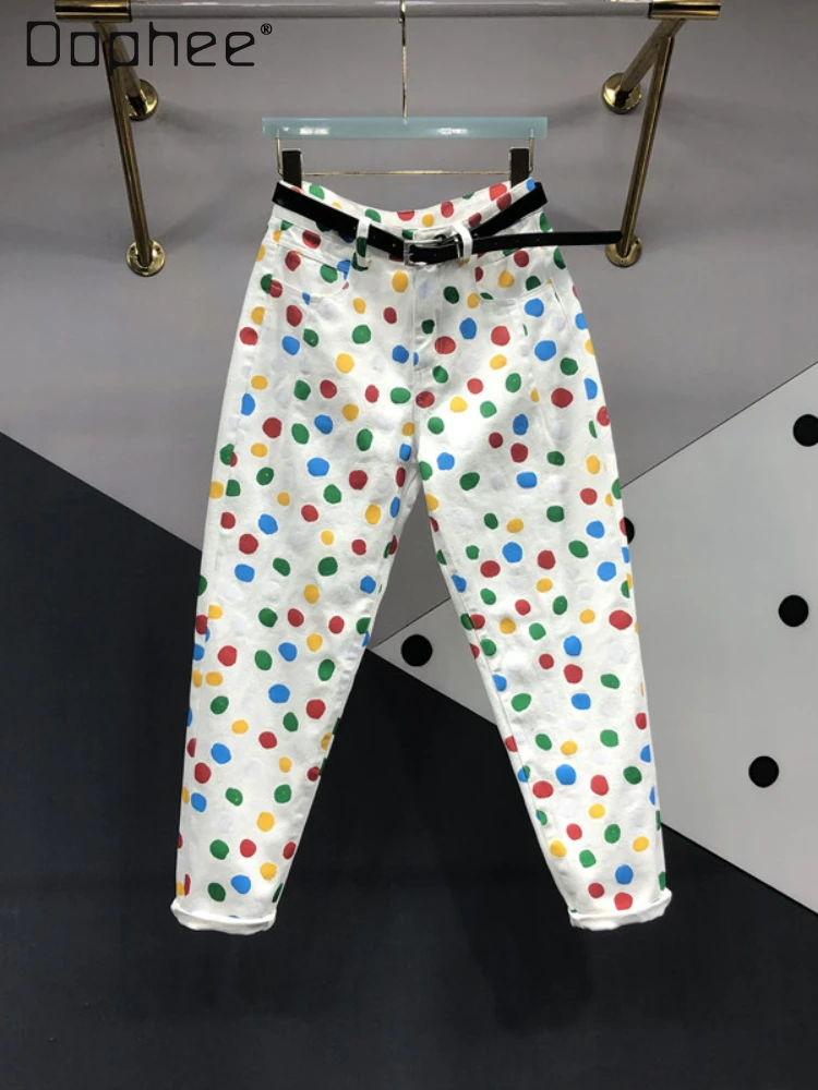 Pantalones vaqueros de lunares coloridos para mujer, pantalón bombacho adelgazante de cintura alta, a juego, primavera y otoño, 2024