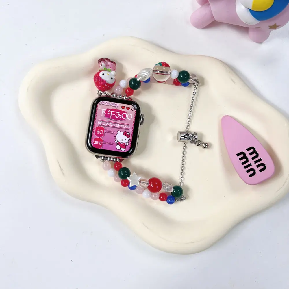 Hello Kitty ABS Beaded Bracelet Strap for iWatch 9 8 41/45mm Band SE 7 6 5 4 Wristband For iWatch 40/44mm Ultra 38/42 Girls Gift