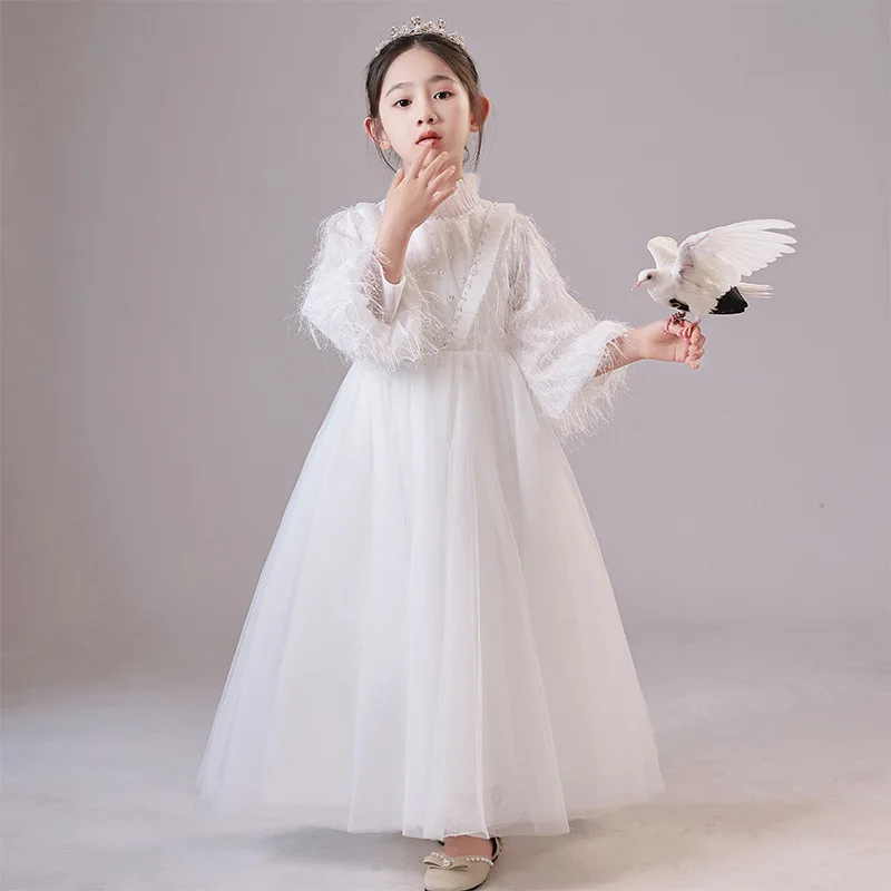 It's Yiiya Customized Modest Flower Girl Dress Ivory Beads High Collar 3/4 Sleeves Zipper A-line Floor Length Kids Gown T119