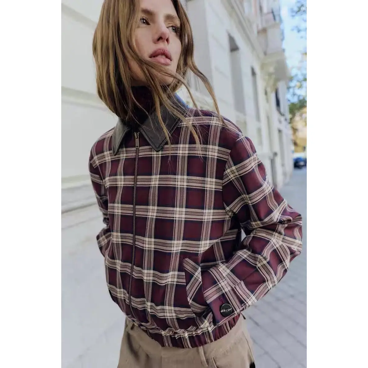 Early Autumn New Arrival Women's Fashionable Casual Plaid Pilot Jacket Outerwear Versatile Polyester Fiber Long Sleeve Zipper