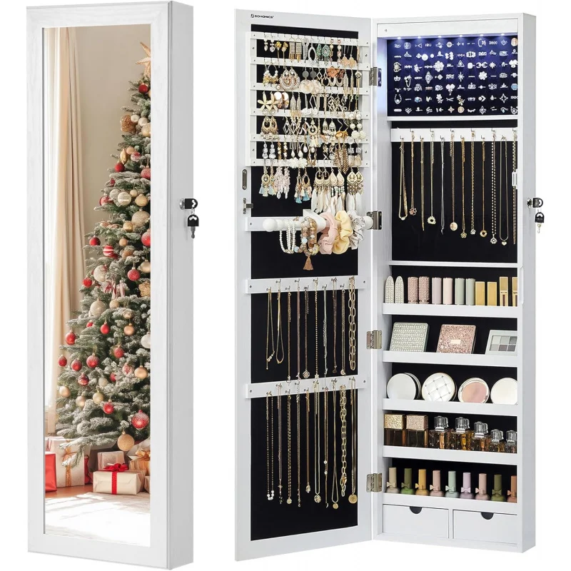 

6 LEDs Mirror Jewelry Cabinet, 47.2-Inch Tall Lockable Wall or Door Mounted Jewelry Armoire Organizer with Mirror, 2 Drawers,