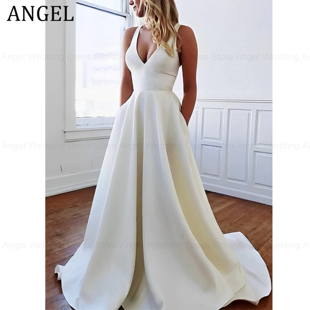 

ANGEL Sexy A-Line Wedding Dress for Women Customized Sleeveless Deep V-Neck Satin Bow Long Bridal Gowns Train Vestidos De Noiva