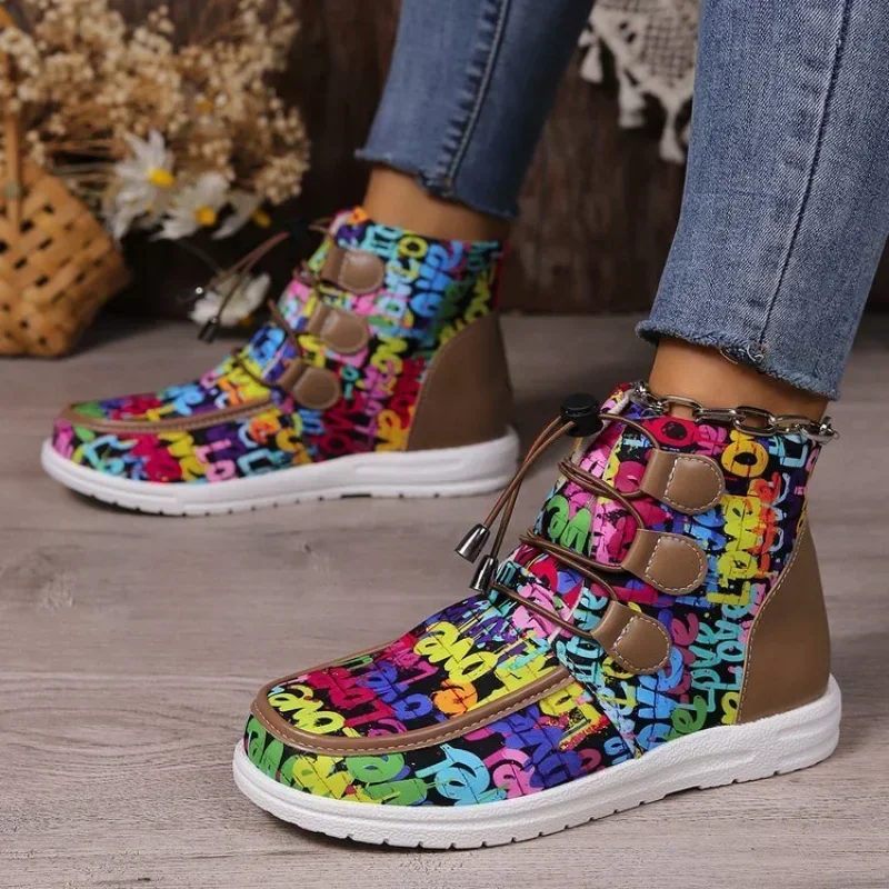 Women Print Platform Flats Ankle Boots Femme Casual Lace Up Chelsea Boots New Winter Design Fashion Walking Shoes Zapatos Mujer