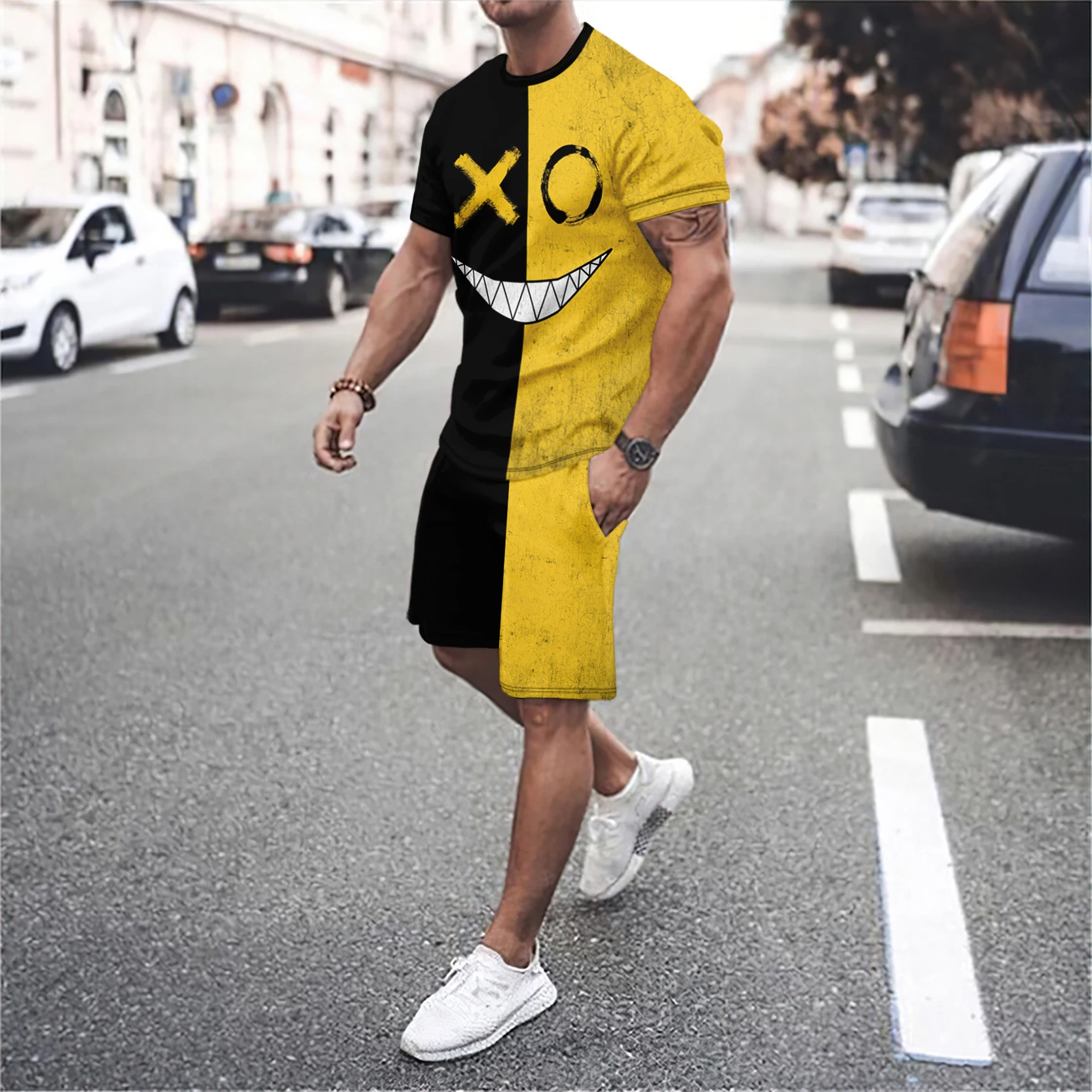 men\'s round neck short sleeved T-shirt and shorts set 3D smiling face letter patchwork fashionable casual basketball sportswear