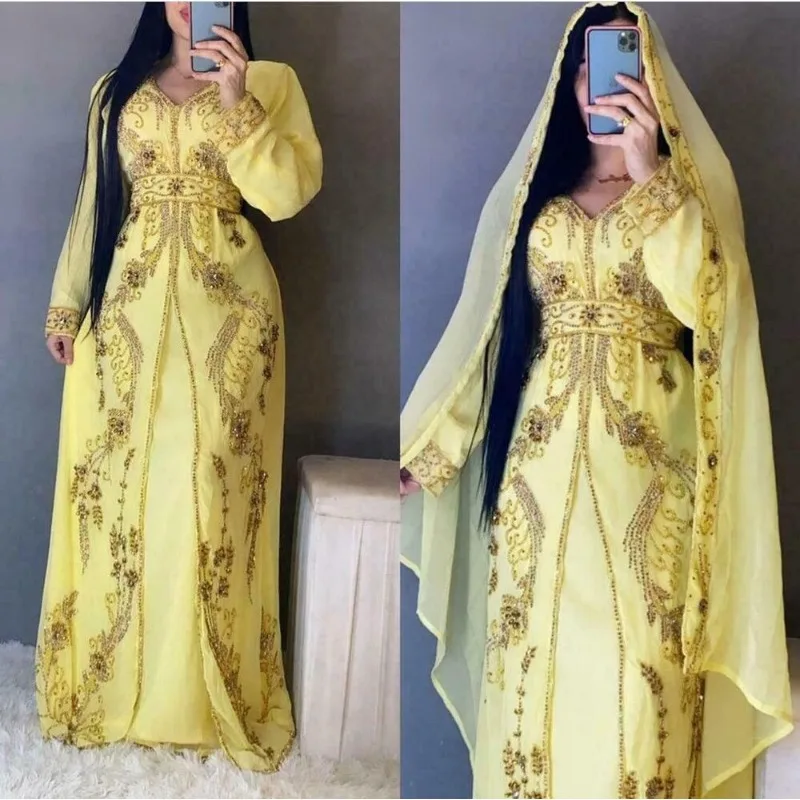 Yellow African Dress Fancy Abaya Dubai Women's Beaded Moroccan Long Shirt Fashion Trend