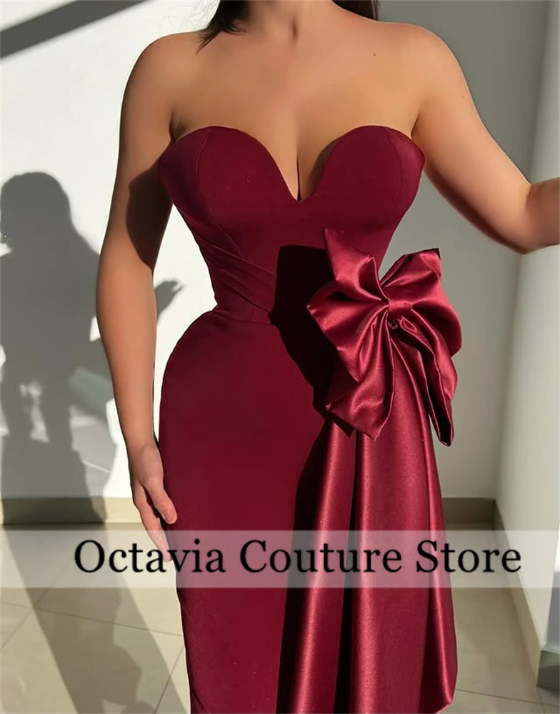 Arabic Evening Dress for Wedding Party Sweetheart Tea Length Mermaid Burgundy Customized Prom Gown