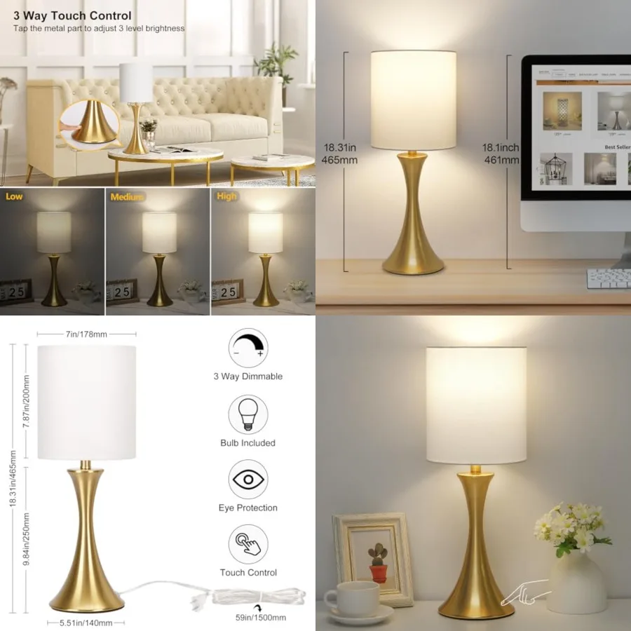 

Gold Bedside Lamp Touch Control Table Lamp for Bedroom, 3-Way Dimmable Nightstand Lamp with White Shade, Modern Table Lamp for