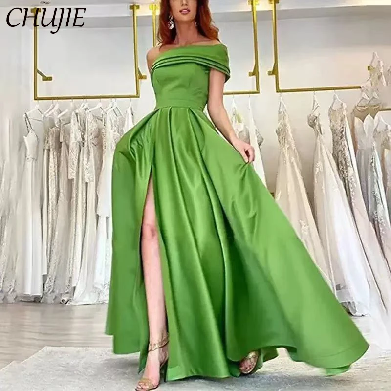 

One Shoulder Satin Evening Dresses A Line Pleated Party Pleat Wedding Prom Gown Sexy Split Formal Evening Dress Vestidos De Gala
