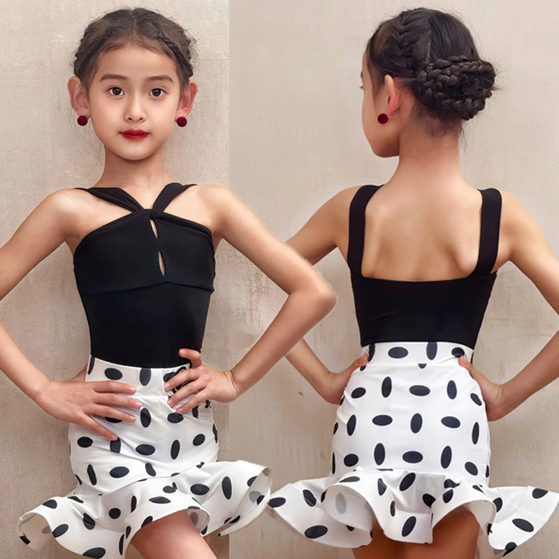 Latin Dance Dress New Summer Performance Dance Suit Girl Rumba Samba Stage Wear Polka Dot Ruffle Skirt Children Dancewear