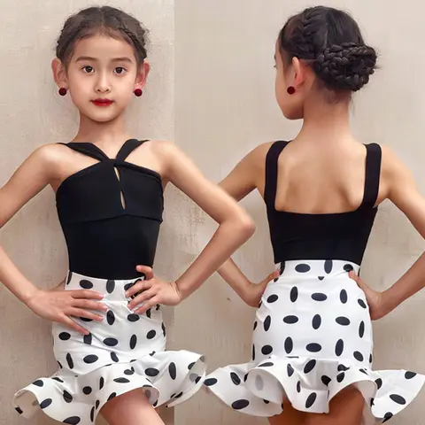 Latin Dance Dress New Summer Performance Dance Suit Girl Rumba Samba Stage Wear Polka Dot Ruffle Skirt Children Dancewear