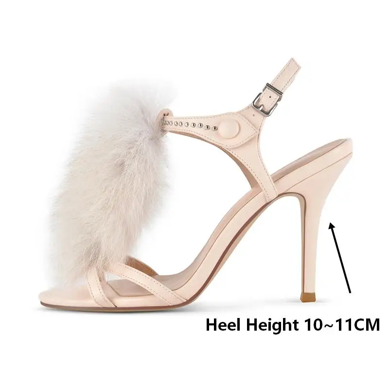Onlymaker Round Toe Pink Faux Fur High Heel Sandals Rhinestone Slingback Buckle Strap 10CM Stiletto Heel Party Evening Sandals view 2