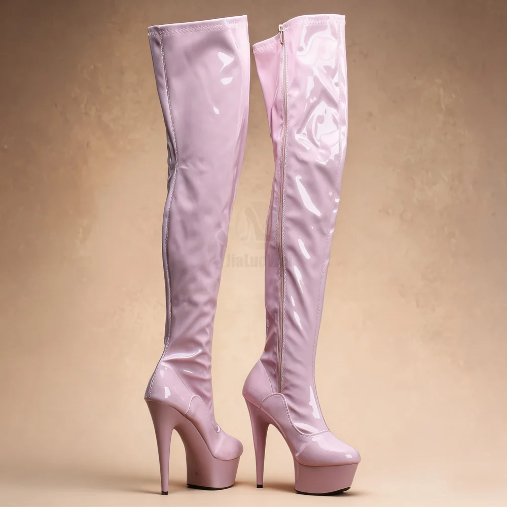 Women's Pink Patent Leather Over-The-Knee Stiletto Boots Platform Thigh High Heel Side Zipper Party Shoes