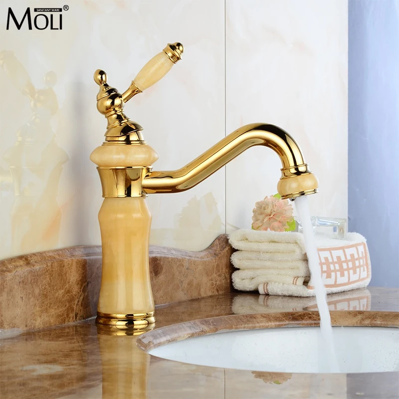 Free shipping Luxury Golden Faucet Copper Bathroom Faucets With Stone Single Handle Cold&Hot Water Tap Mixer Torneiras GS9600