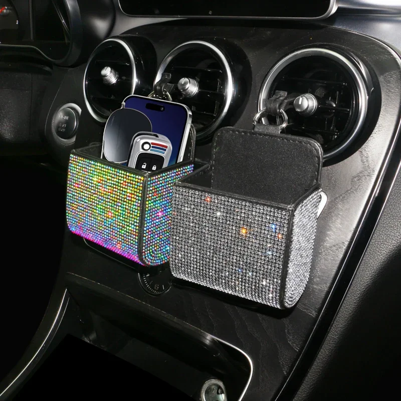 Car Mobile Phone Holder Rhinestones Pouch Organizer Hanging Storage Bag Bling Diamond Crystal Auto Outlet Air Vent Trash Box