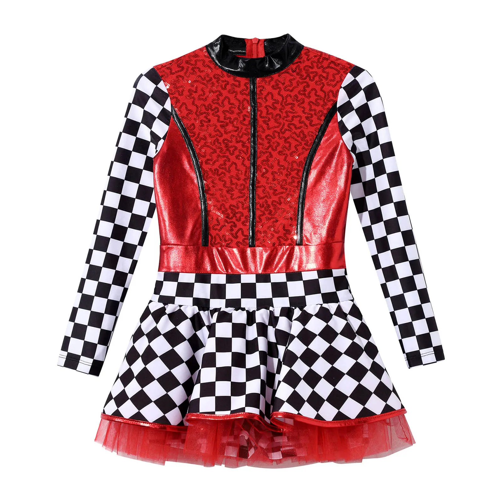 Kids Girls Racer Racing Driver Costume Halloween Carnival Party Cosplay Tutu Dress Shiny Sequins Checkerboard Printed Jumpsuit