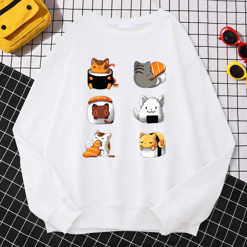 Casual Street Women Sweatshirt Various Types Of Cat Sushi Printing Hoodies Fleece All-Math Pullover Warm Loose Female Clothes