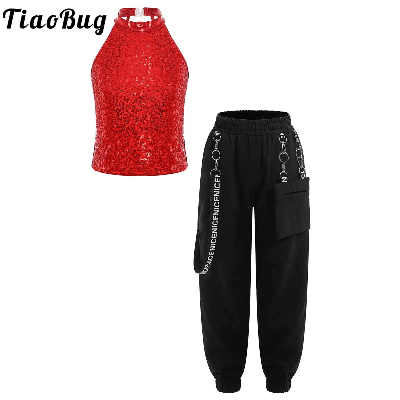 

Kids Girls Hiphop Jazz Dance Costume Sleeveless Sequin Crop Top with Metal Chain Pants for Cheerleading Street Stage Performance