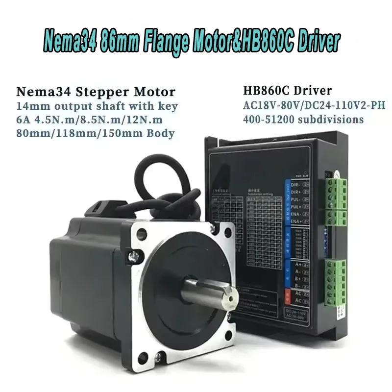 Nema34 Stepper Motor Kit 4.5-12Nm | HB860C Drive 400W 6A 2-Phase 86mm 14mm Shaft for CNC Engraving/Router/Laser Cutter 1-4Axis