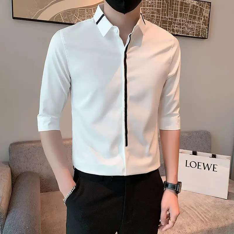 

Trendy Casual Personality Cool High-End Half Sleeve Korean Striped Shirt Men Clothes New Summer Fashion Shirt Street Wear White