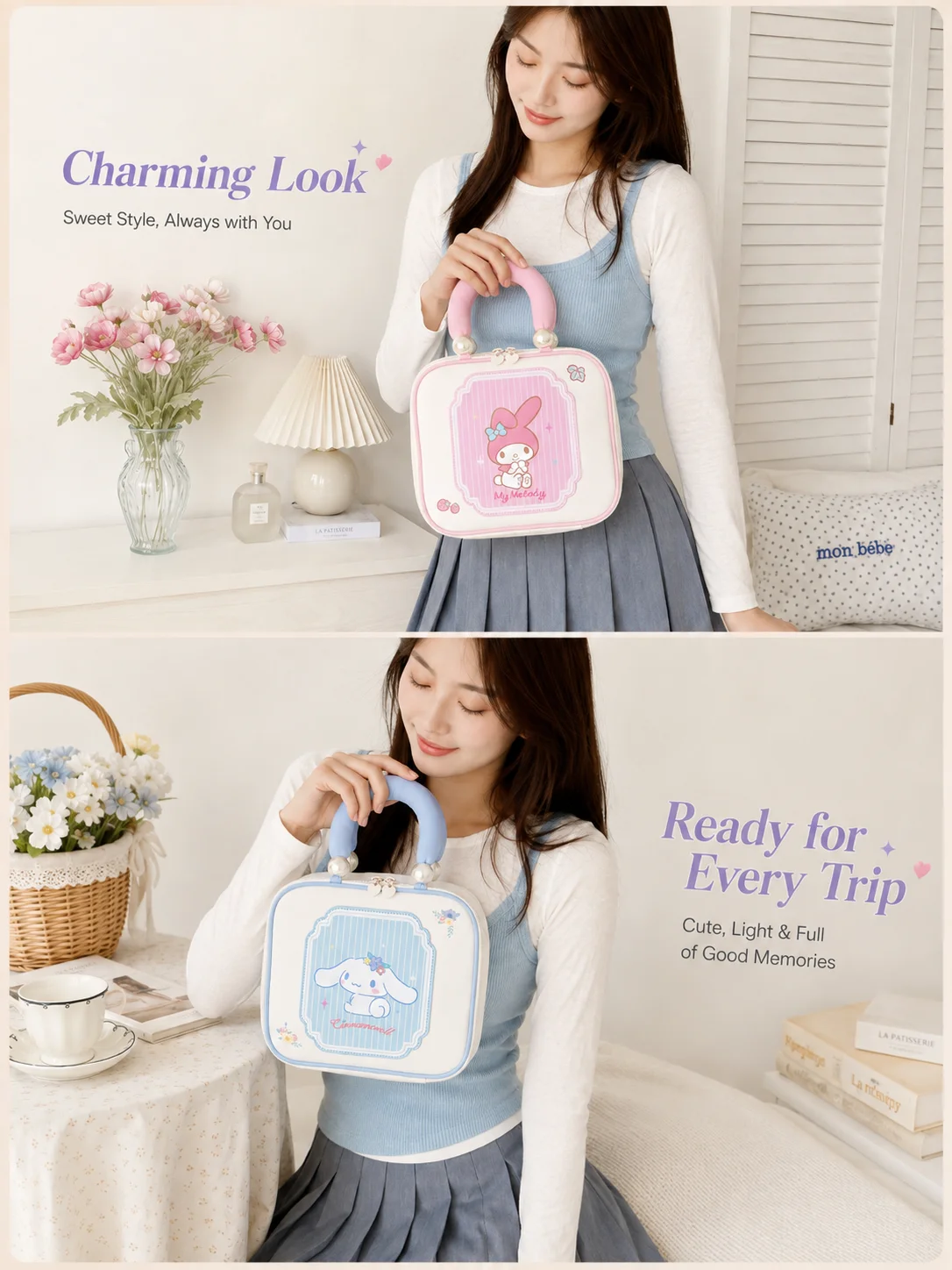 Sanrio Cute Pink My Melody Handheld Cosmetic Pouch Large Capacity Travel Cosmetic Organizer Daily Trip Storage Bag Holiday Gift