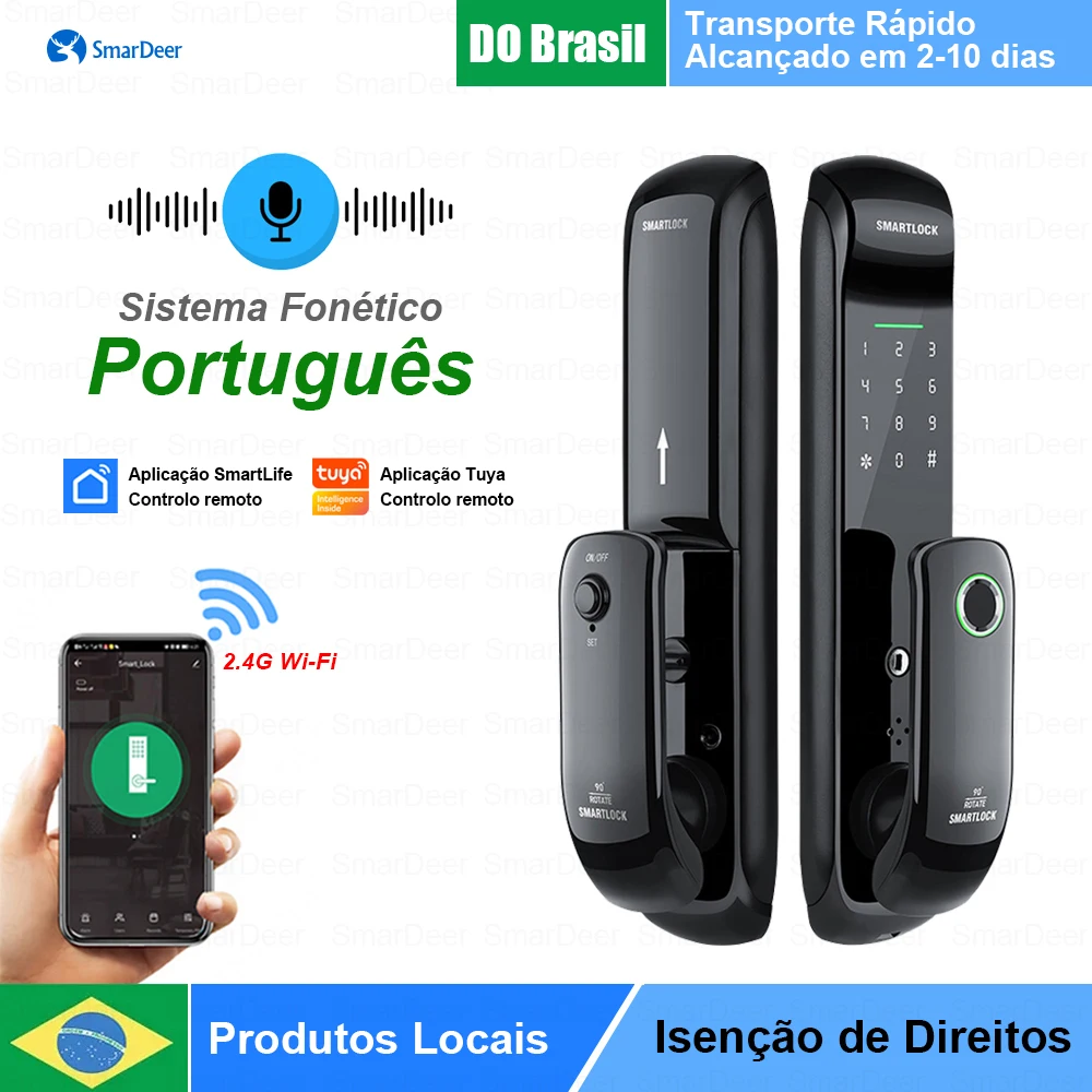 SmarDeer  Bloqueio eletrônico para Tuya Smart Lock em português Bloqueio biométrico de impressão digital 5-em-1 Keyless Entry Digit Code Lock (do Brasil)